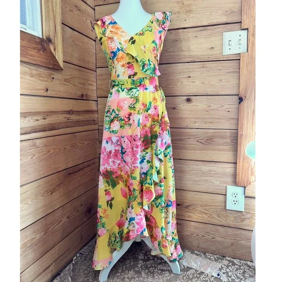 Cleo Yellow Floral Ruffle Hem Maxi Dress Sleeveless Tie Waist XS - Picture 2 of 12